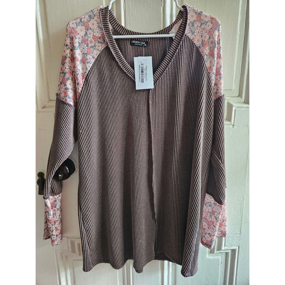 Heimish USA Gifted Treasure Top Brown Waffle Knit Floral Raglan V-Neck 2X NWT